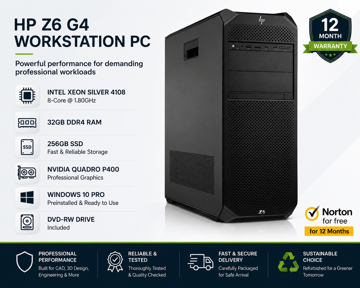 HP Z6 G4 Workstation PC – Intel Xeon Silver 4108, 32GB RAM, 256GB SSD, NVIDIA Quadro P400 Graphics, Windows 10 Pro
