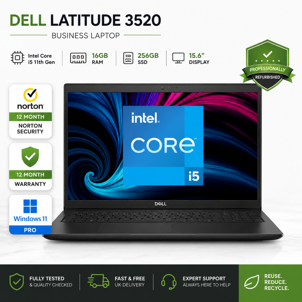 Refurbished Dell Latitude 3520 Laptop | Intel Core i5 11th Gen | 16GB RAM | 256GB SSD | 15.6" FHD | Windows 11 Pro