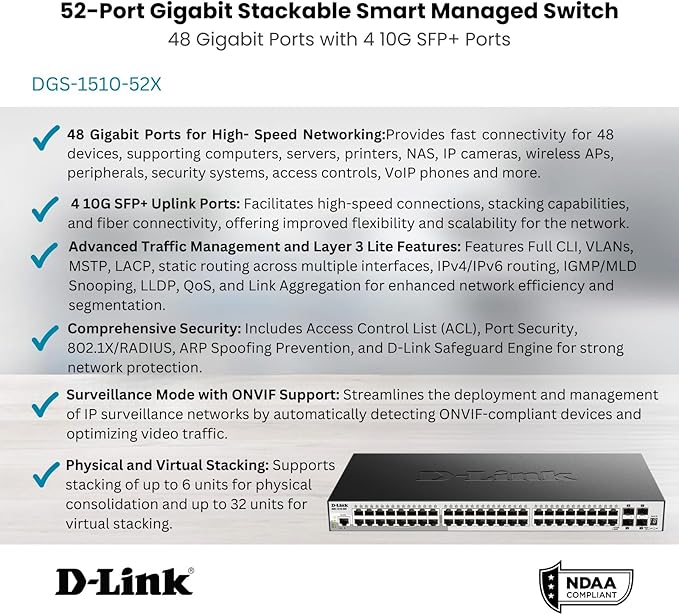 D-Link DGS-1510-52X 52-Port Gigabit Stackable Smart Managed Switch with 4 x 10G SFP+ Uplinks