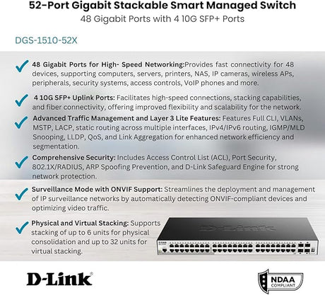 D-Link DGS-1510-52X 52-Port Gigabit Stackable Smart Managed Switch with 4 x 10G SFP+ Uplinks