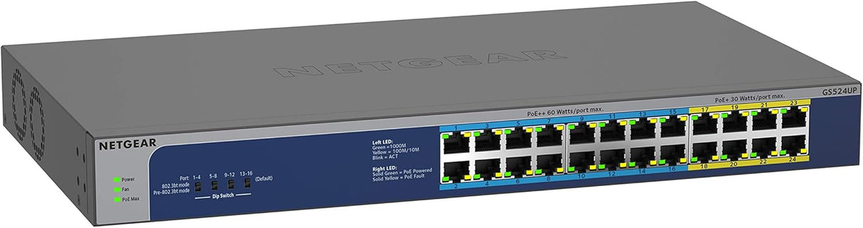 NETGEAR PoE Switch 24 Port Gigabit Ethernet Unmanaged Network Switch (GS524UP) - with 8 x PoE+ and 16 x Ultra60 PoE++