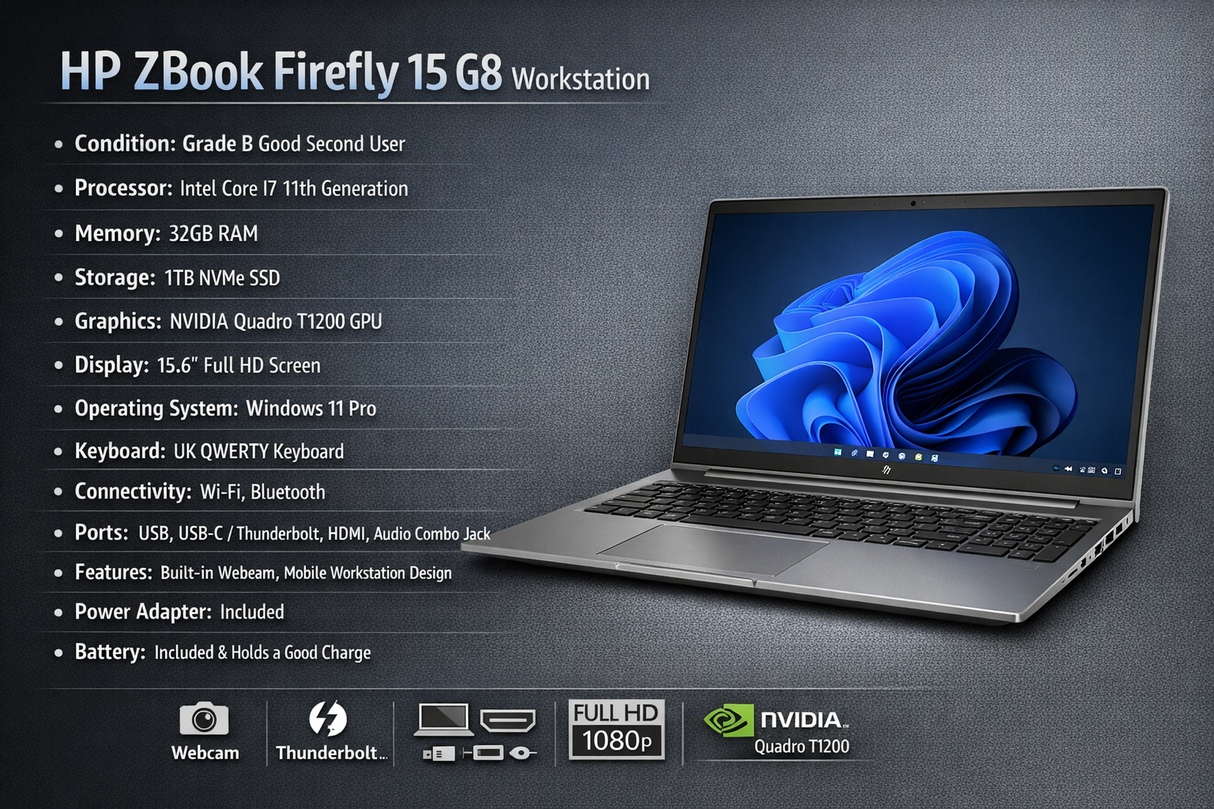 HP ZBOOK Firefly 15 G8 Workstation – Intel Core i7 11th Gen – 32GB RAM – 1TB NVMe SSD – 15.6" FHD – Quadro T1200 GPU – Windows 11 Pro