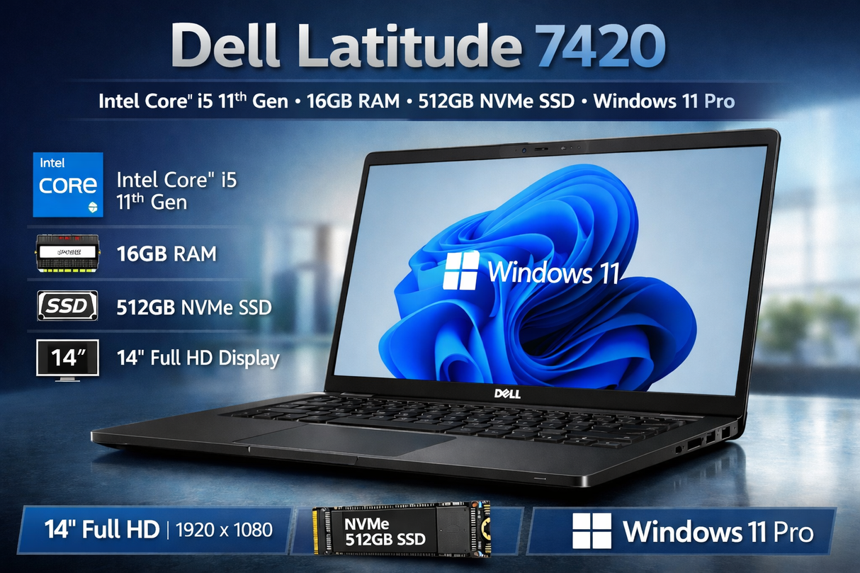 Dell Latitude 7420 – i5 11th Gen Business Laptop, 16GB RAM, 512GB NVMe SSD, 14" FHD Display, Windows 11 Pro