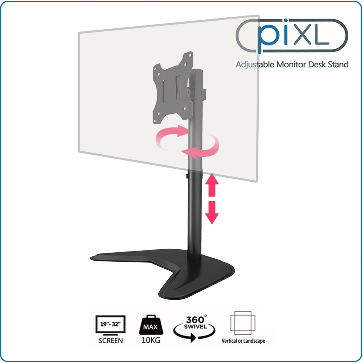 piXL Freestanding Fully-Adustable Single Monitor Arm Desk Stand for Screens up to 32" with VESA Mount & Cable Management
