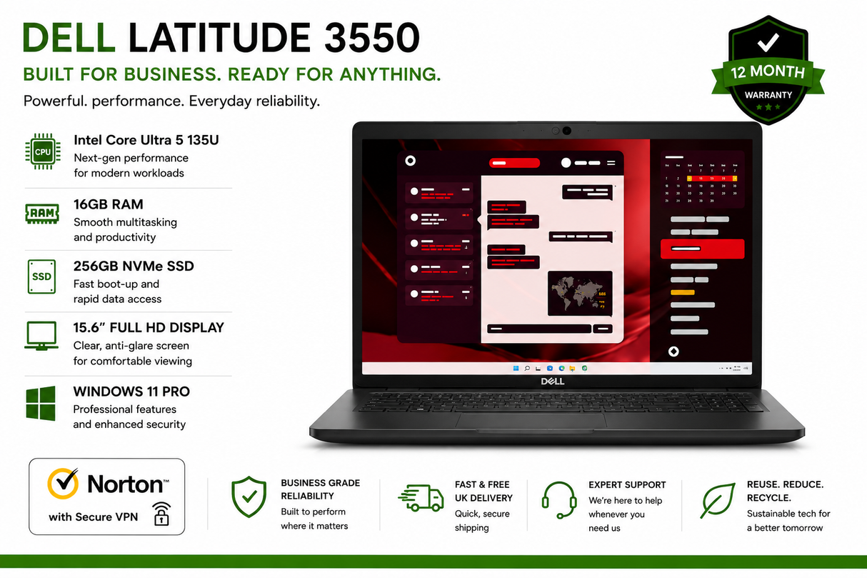 Dell Latitude 3550 Laptop – Intel Core Ultra 5 135U Processor, 16GB RAM, 256GB NVMe SSD, 15.6" Full HD Display, Windows 11 Pro