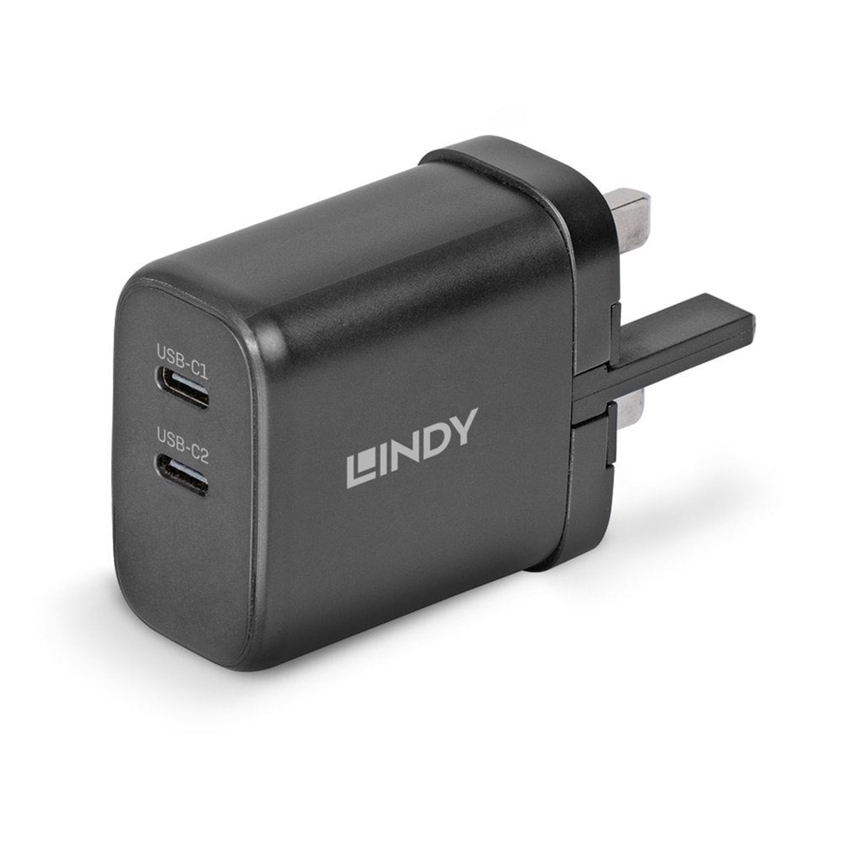 Lindy 65W USB 2 x Type C Charger, Input UK Plug, Output 2 x USB Type C Female, Black