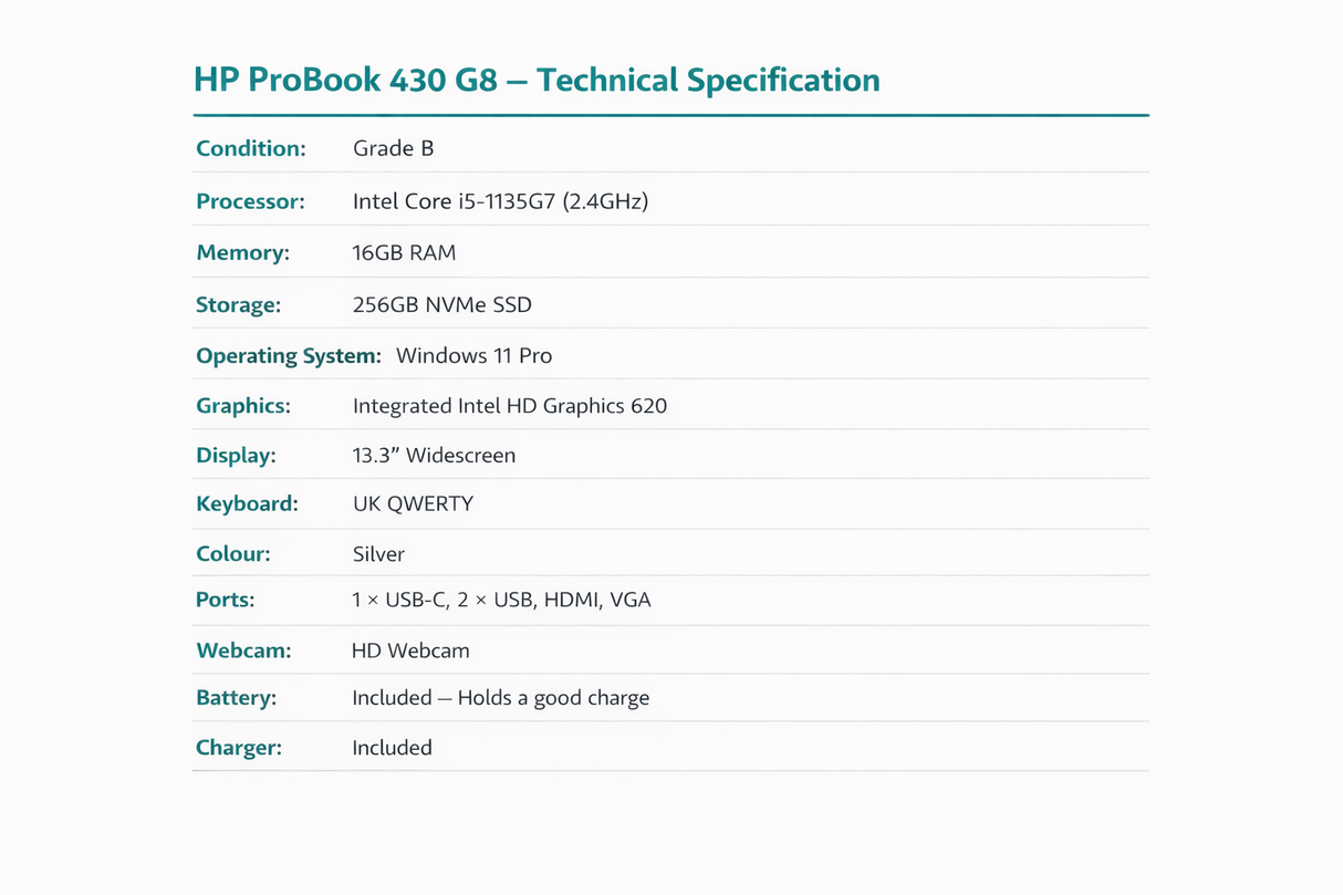 HP ProBook 430 G8 – 13.3" Full HD Laptop Intel Core i5 11th Gen 16GB RAM 256GB NVMe SSD Windows 11 Pro