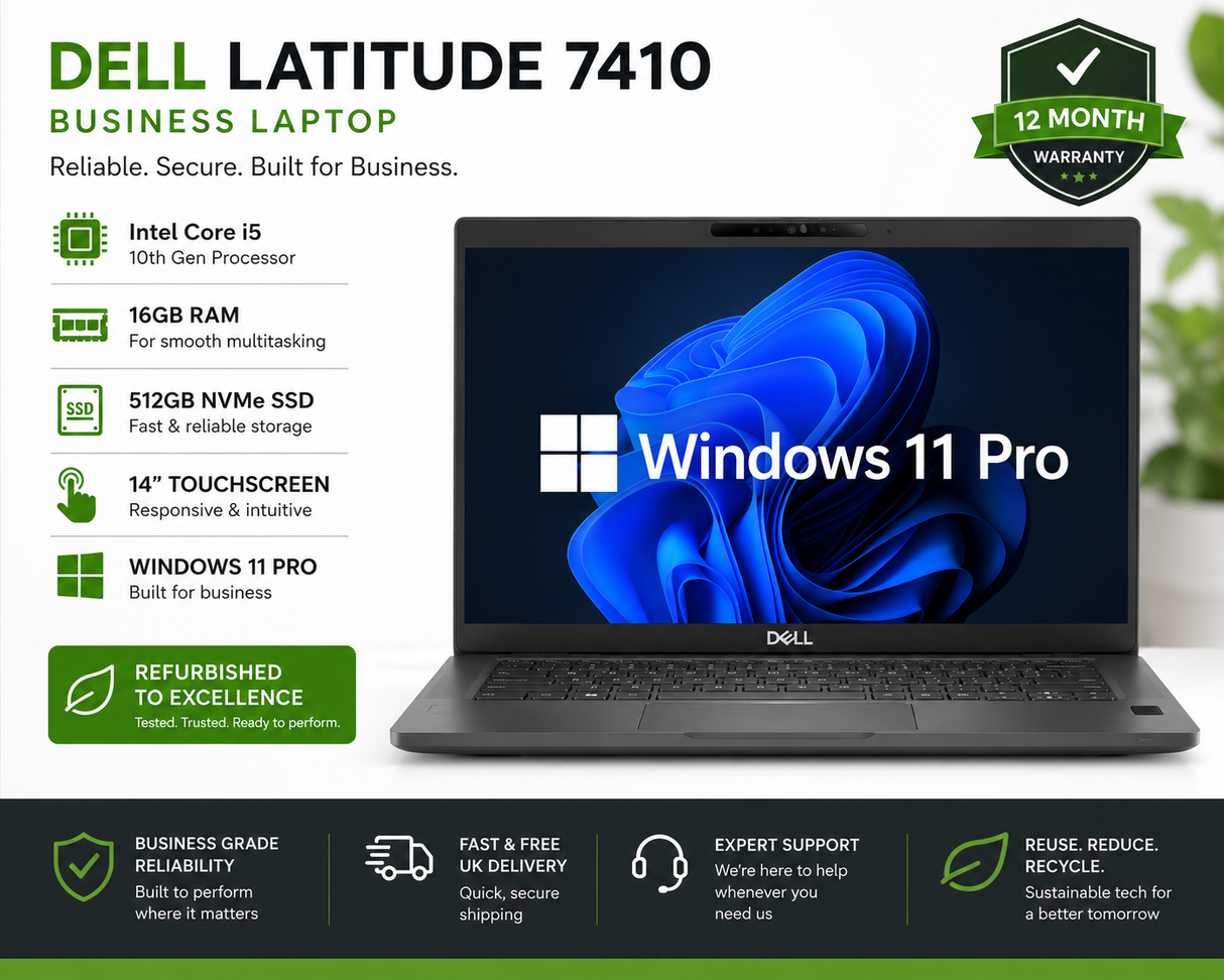 Dell Latitude 7410 – Intel Core i5 10th Gen, 16GB RAM, 512GB NVMe SSD, Windows 11 Pro, 14" Touchscreen Laptop