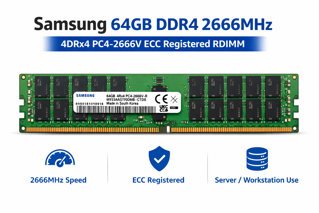 Samsung 64GB DDR4 2666MHz Server RAM – 4DRx4 PC4-2666V ECC Registered RDIMM Memory Module