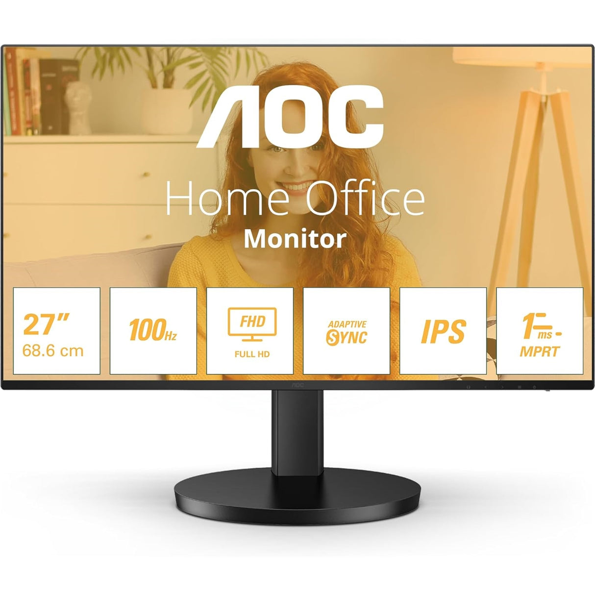 AOC 27B3HA2 27 Inch IPS Monitor, Widescreen, Full HD, VGA, HDMI, 1ms, 100Hz, Internal PSU, Speakers, VESA, Black