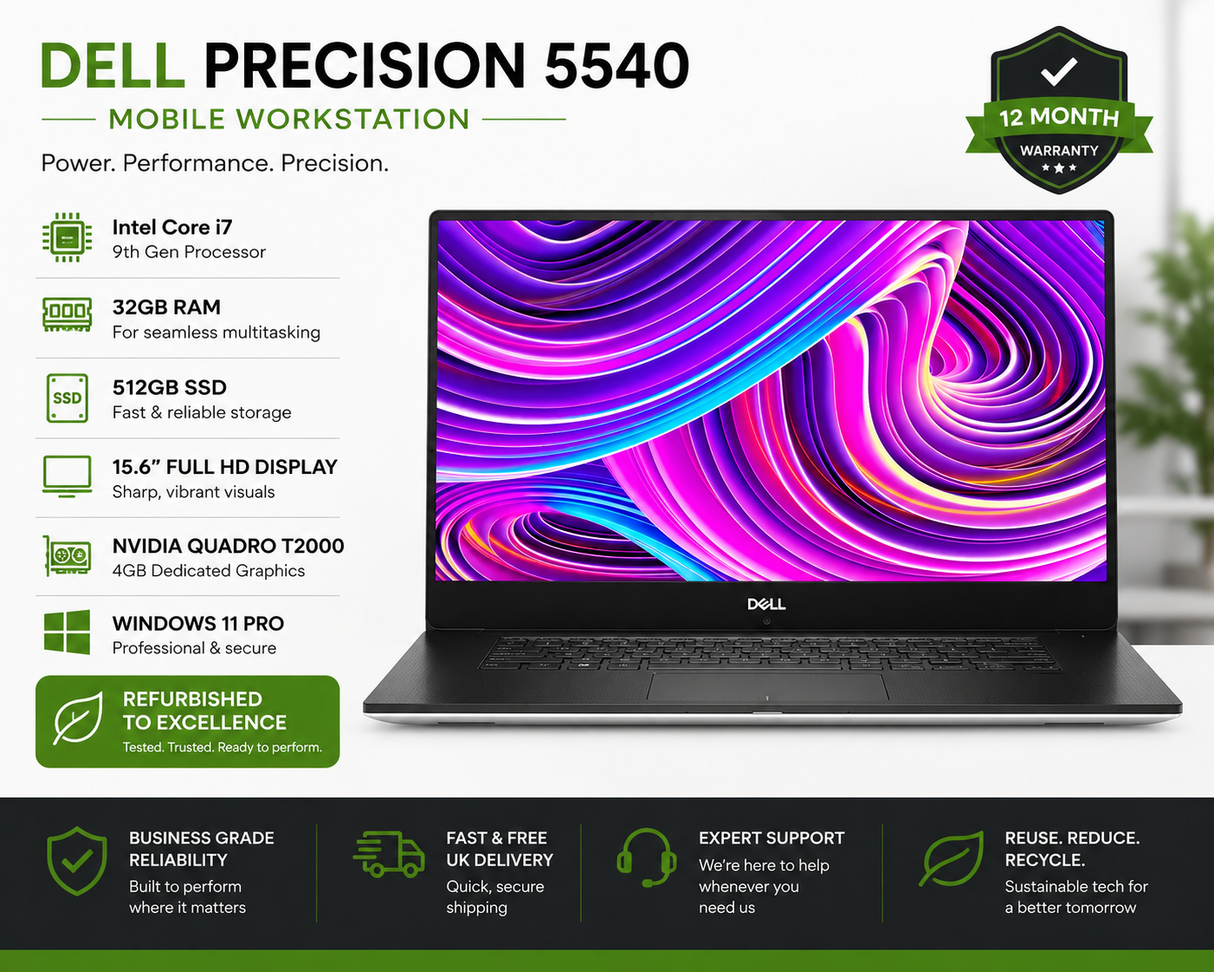 Dell Precision 5540  Intel Core i7 9th Gen  32GB RAM  512GB SSD  Windows 11 Pro  15.6" Display T2000 GPU