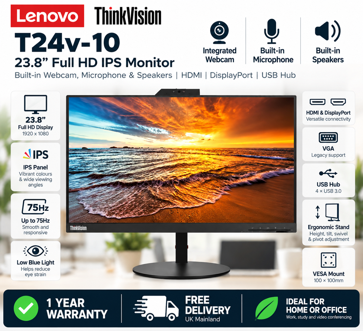 Lenovo ThinkVision T24v-10 23.8" Full HD 1080p IPS LED Monitor – Built-in Webcam, Microphone & Speakers, HDMI, DisplayPort, VGA, USB Hub, Height Adjustable Stand