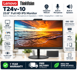 Lenovo ThinkVision T24v-10 23.8" Full HD 1080p IPS LED Monitor – Built-in Webcam, Microphone & Speakers, HDMI, DisplayPort, VGA, USB Hub, Height Adjustable Stand