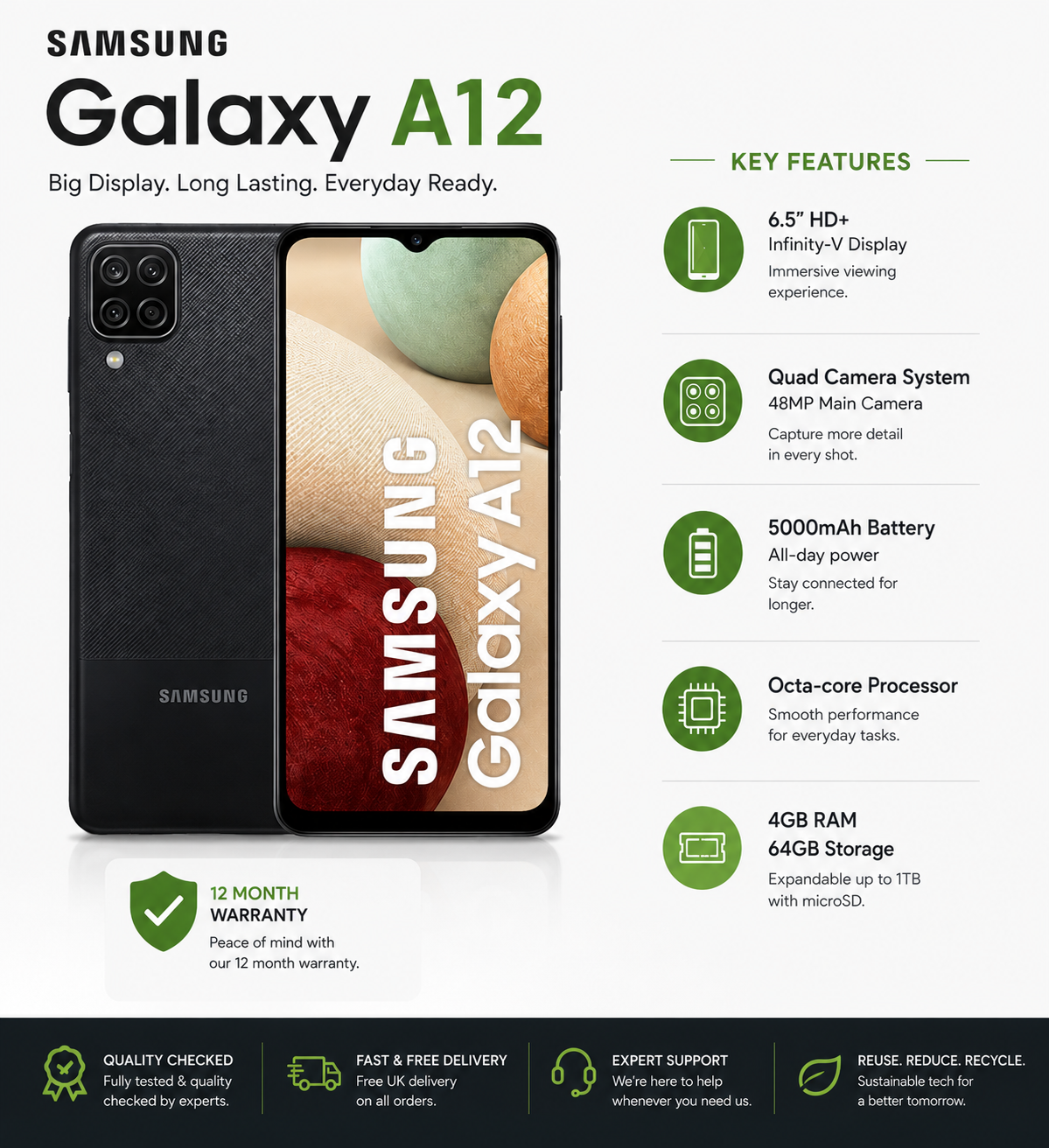 Samsung Galaxy A12 (Black) – 64GB  Dual SIM  Unlocked & Ready to Use – Sleek, Powerful, Affordable!