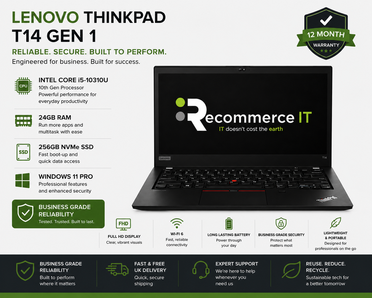 Lenovo ThinkPad T14 Gen 1 Laptop – Intel i5-10310U, 24GB RAM, 256GB NVMe SSD, 14" Full HD, Windows 11 Pro