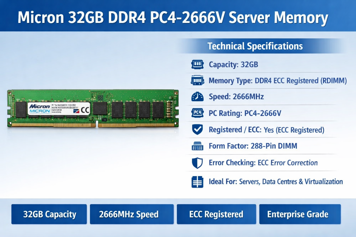Micron 32GB DDR4 Server Memory – PC4-2666V ECC Registered RDIMM – 2666MHz Enterprise RAM Module