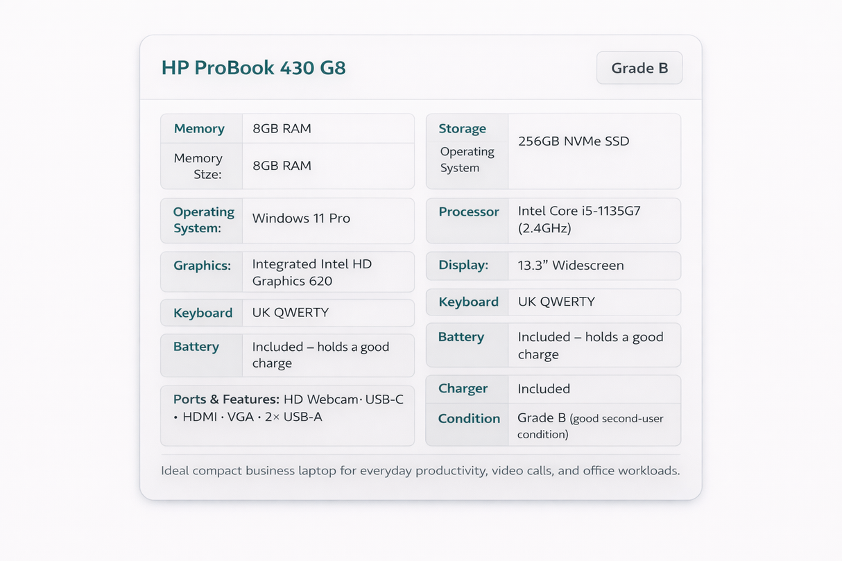 HP ProBook 430 G8 Business Laptop – i5 11th Gen, 8GB, 256GB NVMe, 13.3" HD Display, Windows 11 Pro