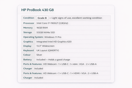 HP ProBook 430 G8 13.3" Business Laptop – Intel i7 11th Gen, 16GB RAM, 512GB NVMe SSD, Windows 11 Pro