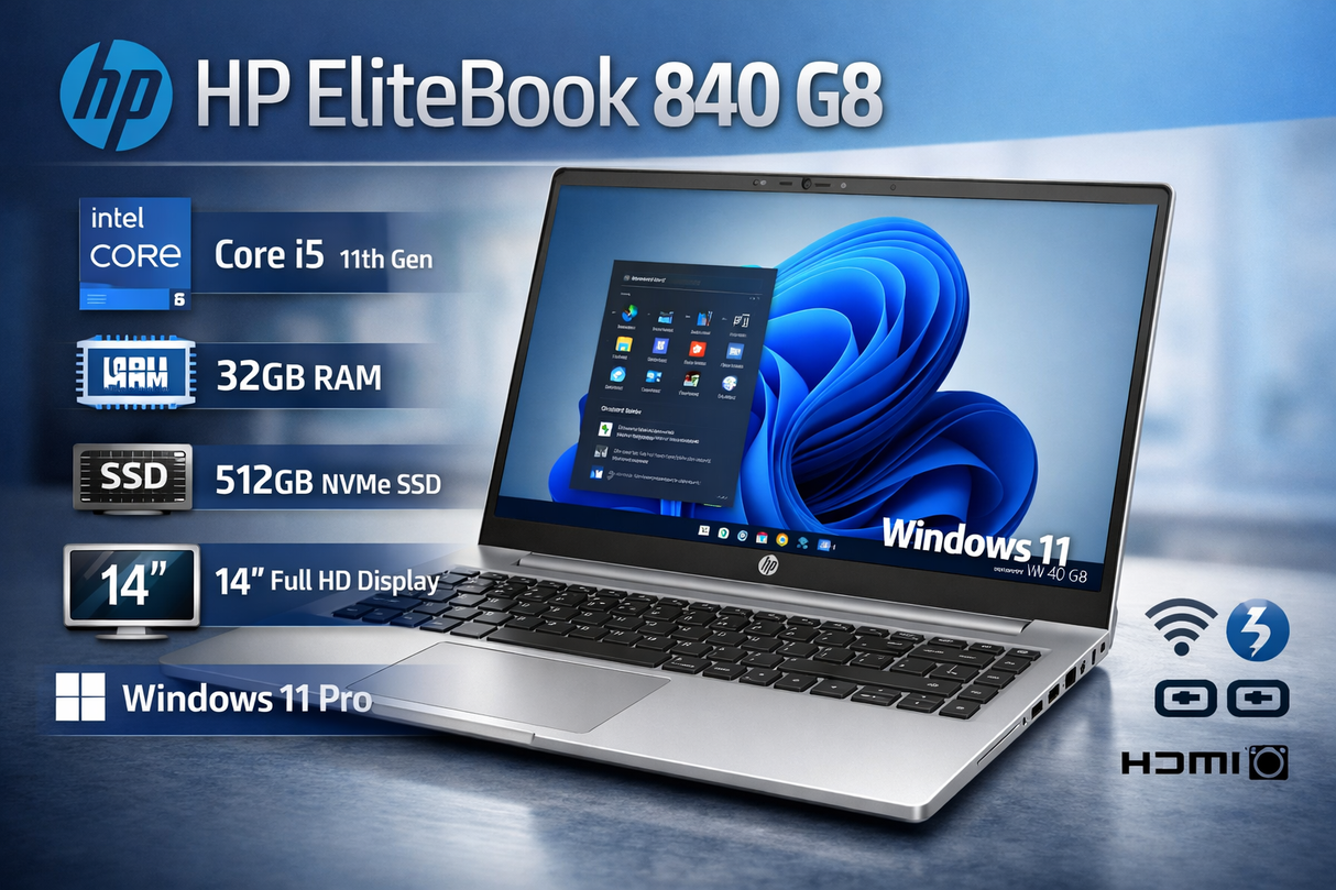 HP EliteBook 840 G8 Business Laptop – i5 11th Gen, 32GB RAM, 512GB SSD, 14" FHD, Windows 11 Pro