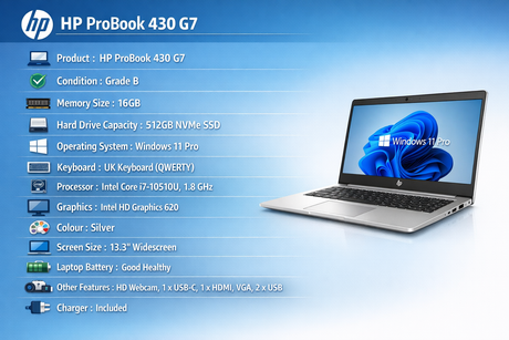 HP ProBook 430 G7 13.3" Laptop – Intel Core i7 (10th Gen), 16GB Memory, 512GB NVMe SSD, Win 11 Pro