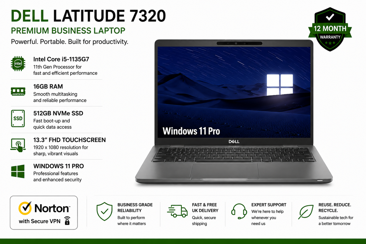 Dell Latitude 7320 Laptop | Intel Core i5 11th Gen | 16GB RAM | 512GB NVMe SSD | 13.3" FHD Touchscreen | Windows 11 Pro