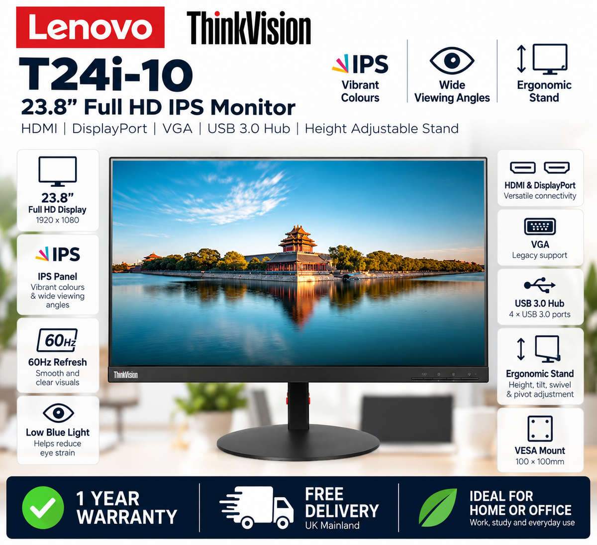Lenovo ThinkVision T24i-10 23.8" Full HD 1080p IPS LED Business Monitor – HDMI, DisplayPort, VGA, USB 3.0 Hub, Height Adjustable Stand, Pivot & Swivel