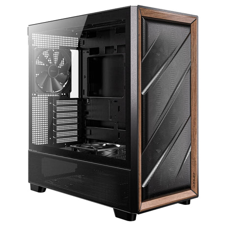 Antec FLUX Mid Tower PC Case - Tempered Glass, Black/Wood, 5 PWM Fans, USB-C, E-ATX/ATX/mATX/ITX Compatibility