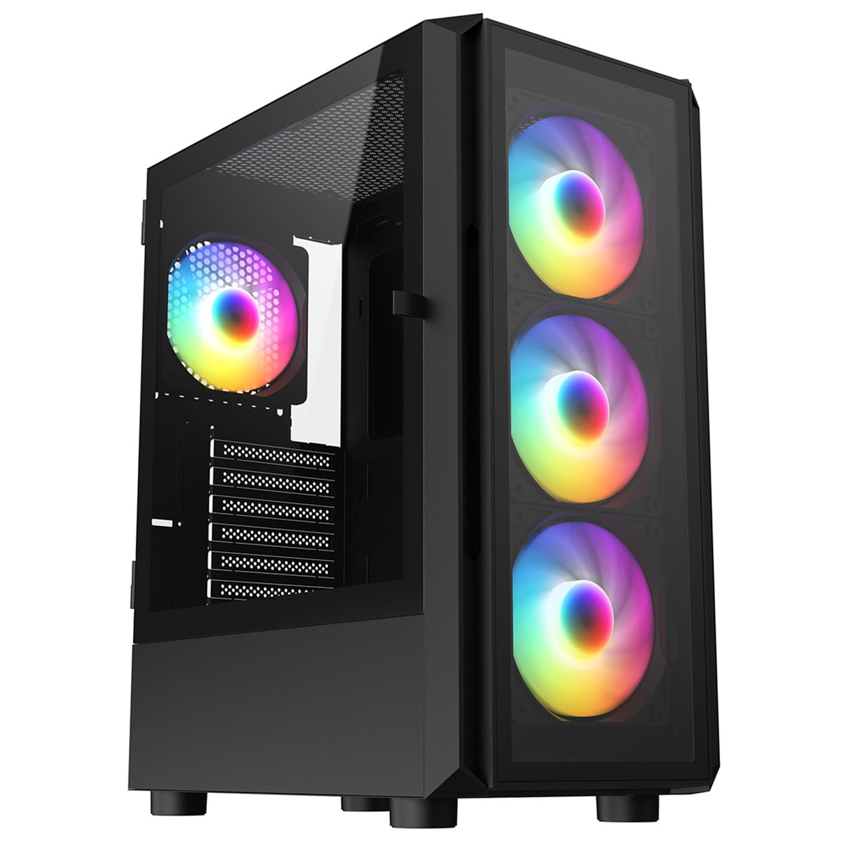 CRONUS Achos V2 Case, Gaming, Black, Mid Tower, 1 x USB 3.0 / 2 x USB 2.0, Tempered Glass Side & Front Window Panels, Addressable RGB LED Fans, ATX, Micro ATX, Mini-ITX, 4x fans included