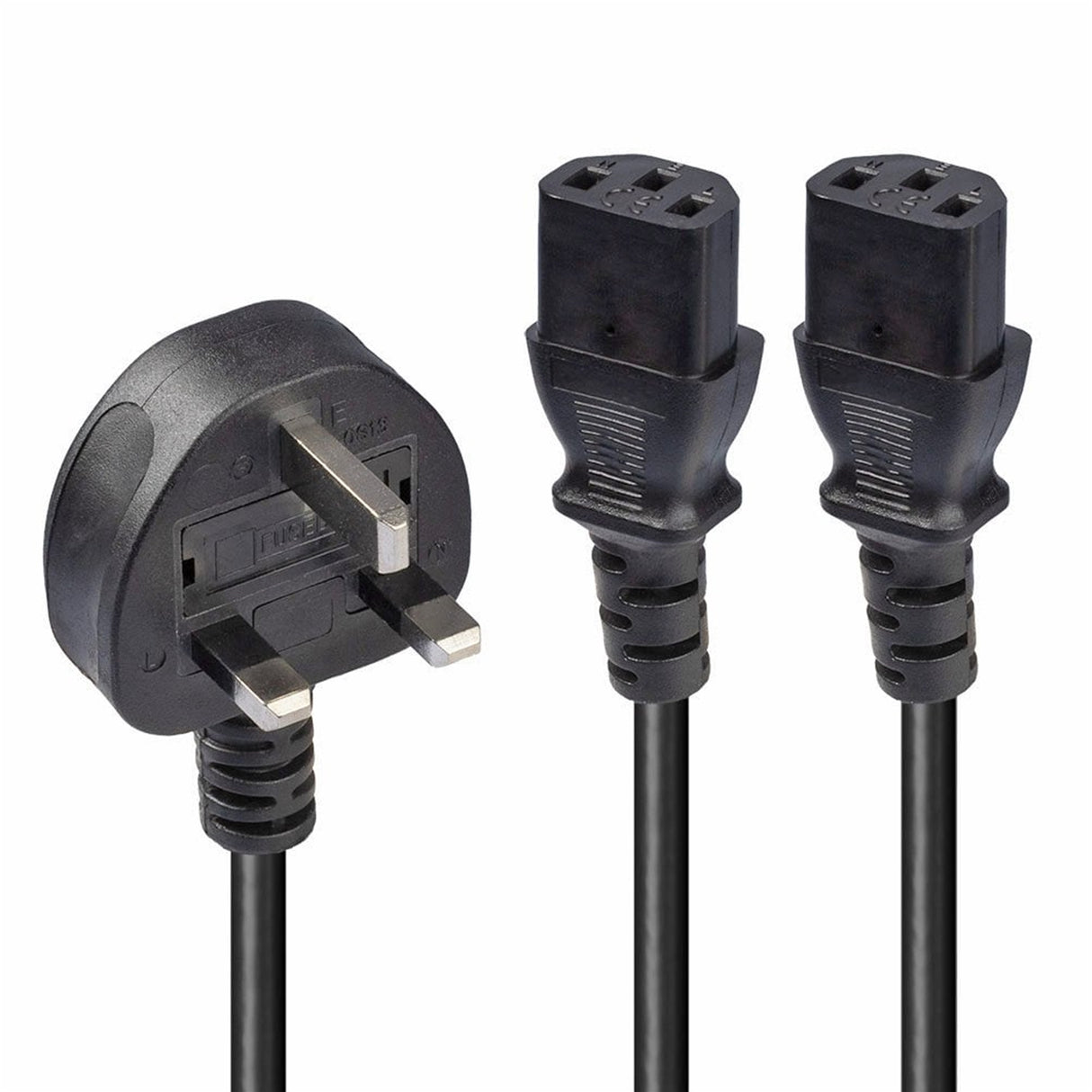 LINDY 30371 2.5m UK 3 Pin Plug to 2 x IEC C13 Splitter Extension Cable, Black, Fully moulded, fused at 13A, 10 year warranty