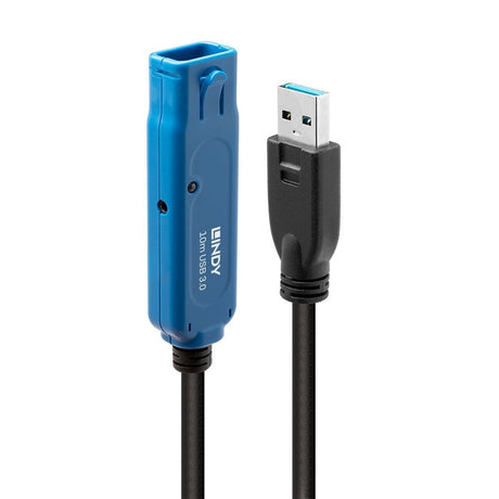 LINDY 43157 Active USB Cable, USB 3.0 Type-A (M) to USB 3.0 Type-A (F) with DC Power Connector, 10m, Black & Blue, High Performance Active Cable that Provides an Extended Connection Between a Computer & USB 3.0 Device, Retail Packaging