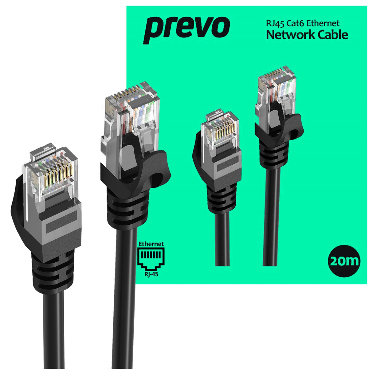 Prevo CAT6-BLK-20M Network Cable, RJ45 (M) to RJ45 (M), CAT6, 20m, Black, Oxygen Free Copper Core, Sturdy PVC Outer Sleeve & Clip Protector, Retail Box Packaging
