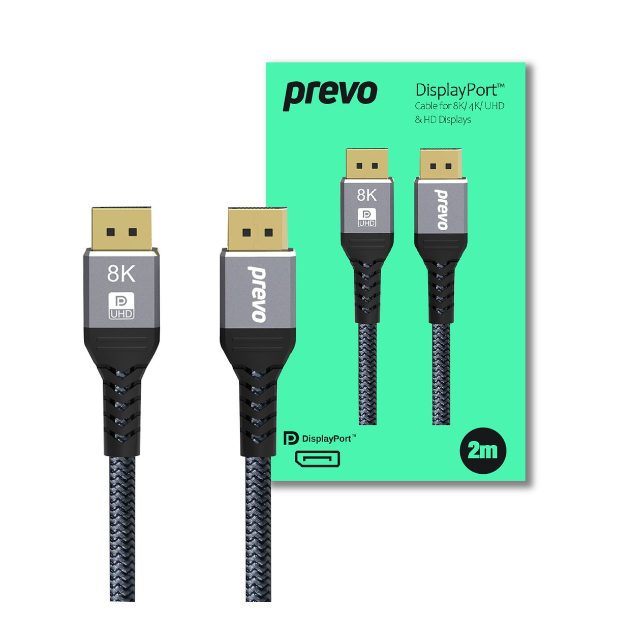 Prevo DP14-2M DisplayPort Cable, DisplayPort 1.4 (M) to DisplayPort 1.4 (M), 2m, Black & Grey, Supports Displays up to 8K@60Hz, Robust Braided Cable, Gold-Plated Connectors, Superior Design & Performance, Retail Box Packaging