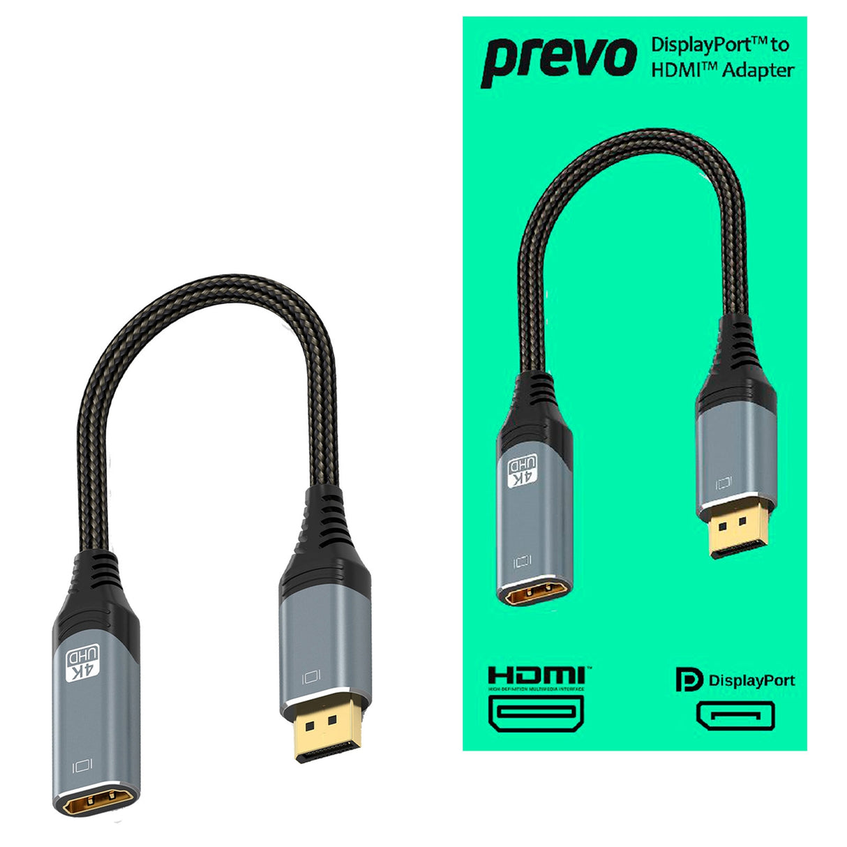 Prevo DPM-HDMIF-ADA Display Converter Adapter, DisplayPort (M) to HDMI (F), 0.2m, Black & Silver, DisplayPort 1.4 & HDMI 2.0, Supports up to 4K@60Hz, Braided Cable, Retail Box Packaging