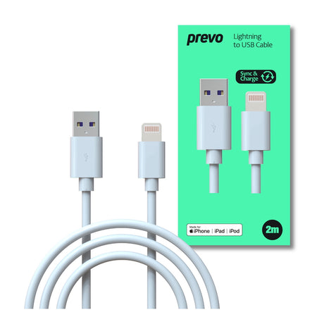 Prevo USB-LIGHTNING-2M Lightning Cable, USB 2.0 A (M) to Apple Lightning (M), 2m, White, MFI Certified, Fast Charging up to 2.1A, Data Sync Rate up to 480Mbps, Superior Design & Performance, Retail Box Packaging