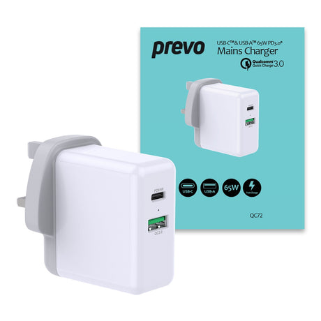 Prevo QC72 65W USB Type-C & USB Type-A Fast Charge Mains Charger with Qualcomm Quick Charge 3.0 and 1.5m 100W USB-C Cable for Laptops, Ultrabooks, Chromebooks, iPads, MacBooks, Smartphones, Tablets, Mobile Devices, Action Cameras, DSLRs
