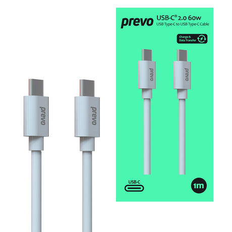 Prevo USB 2.0 60W C to C PVC cable, 20V/3A, 480Mbps, INJECTION MOULDING + PVC, +TPE+ C TID certification, White, Superior Design & Perfornance, Retail Box Packaging