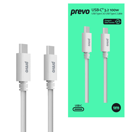 Prevo USB 3.2 100W C to C cable, 20V/5A, 10GB/20GB/s, INJECTION MOULDING +TPE+ C TID certification, White, Superior Design & Perfornance, Retail Box Packaging