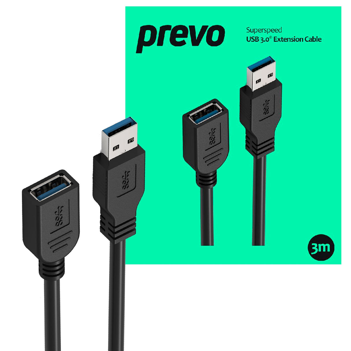 Prevo USBM-USBF-3M USB 3.0 Extension Cable, USB 3.0 Type-A (M) to USB Type-A (F), 3m, Black, Up to 5Gbps Transmission Rate, Retail Box Packaging