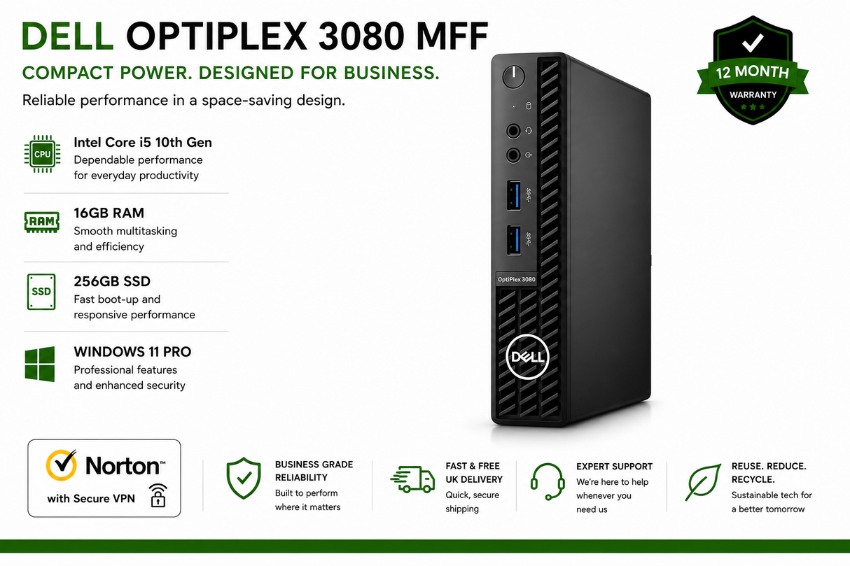 Dell OptiPlex 3080 MFF | Intel Core i5 10th Gen | 16GB RAM | 256GB SSD | Win 11 Pro