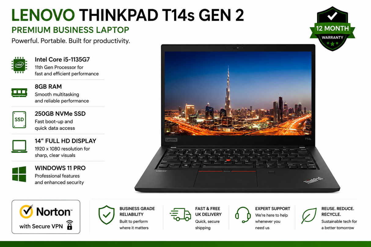 Lenovo ThinkPad T14s Gen 2 – Intel Core i5-1135G7, 8GB RAM, 250GB NVMe SSD, Windows 11 Pro, 14" FHD