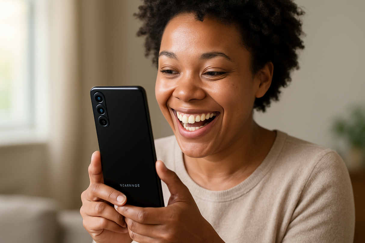 image of someone happy receiving their new samsung mobile phone 