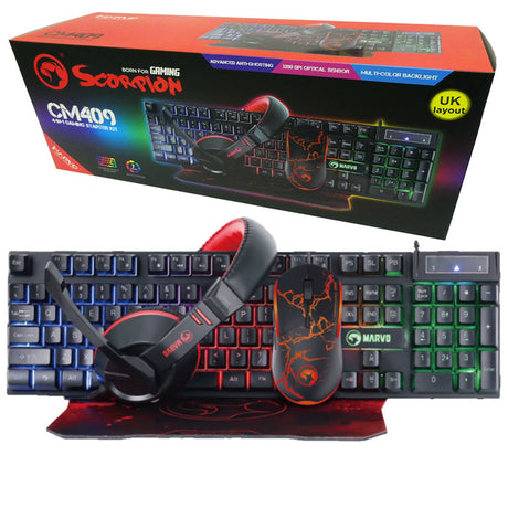 Marvo Scorpion CM409-UK 4-in-1 Gaming Bundle, Keyboard, Headset, Mouse and Mouse Pad, Wired USB 2.0, 7 Colour Backlit, Multimedia, Anti-ghosting Keys, 3200 dpi mouse with Noise Isolating Headset