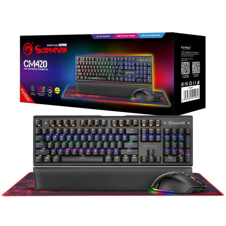 Marvo Scorpion CM420-UK 3-in-1 Gaming Bundle, Keyboard, Mouse and Mouse Pad Wired USB 2.0,  RGB,  Mechanical, Blue Switch, Multimedia and Anti-ghosting Keys, UK Layout, 6400 dpi, Programmable RGB Mouse