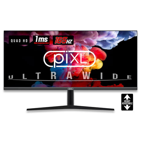 piXL CM34G3 34 Inch Ultrawide Gaming Monitor, Widescreen IPS LED Panel, QHD 3440x1440, 1ms Response Time, 180Hz Refresh Rate, Display Port, HDMI, USB, Height Adjustable, 16.7 Million Colour Support, VESA Wall Mount, Black Finish