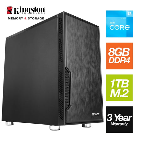 Intel i3 12100 Quad Core 8 Thread 3.30GHz (4.30GHz Boost), 8GB Kingston RAM, 1TB Kingston NVMe M.2, Antec VSK Chassis - Pre-Built PC