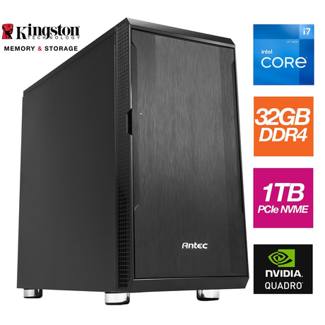 CAD Intel i7-12700F 12 Core 20 Threads, 2.10GHz (4.90GHz Boost) - 32GB Kingston DDR4 RAM, 1TB Kingston M.2, PNY T1000 Quadro Card, Silent Case, Wi-Fi 6 + Bluetooth 5.2 - Prebuilt System