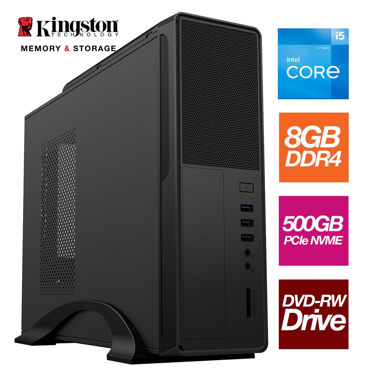 Small Form Factor - Intel i5 12400 6 Core 12 Threads 2.50GHz (4.40GHz Boost), 8GB Kingston RAM, 500GB Kingston NVMe M.2,DVDRW Optical, with Wi-Fi 6 - Small Foot Print for Home or Office Use - Pre-Built PC