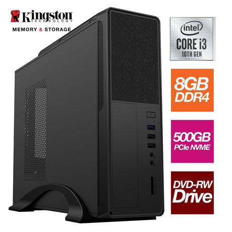 Small Form Factor - Intel i3 10100 4 Core 8 Thread 3.60GHz (4.30GHz Boost), 8GB Kingston RAM, 500GB Kingston NVMe M.2 - DVDRW, Wi-Fi, FREE Keyboard & Mouse - Small Foot Print for Home or Office Use - Pre-Built PC