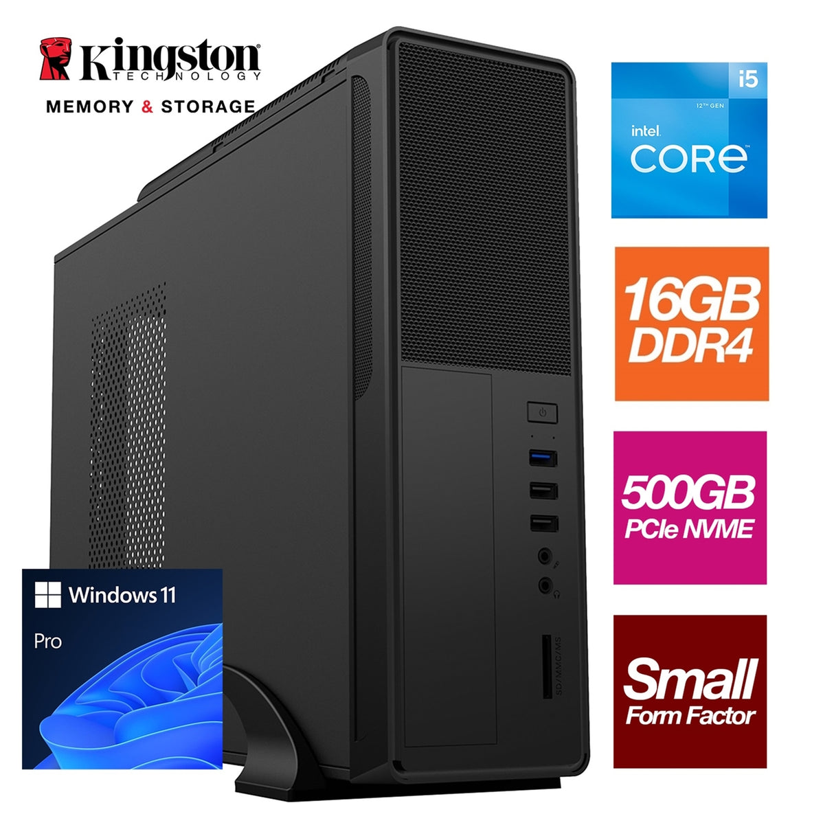 Small Form Factor - Intel i5 12400 6 Core 12 Threads 2.50GHz (4.40GHz Boost), 16GB Kingston RAM, 500GB Kingston NVMe M.2,DVDRW Optical, with Windows 11 Pro Installed - Small Foot Print for Home or Office Use - Pre-Built PC