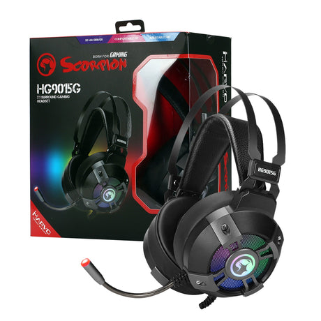 Marvo Scorpion HG9015G Gaming Headset, PC or Laptop, 7.1 Virtual Surround Sound, RGB, LED, 50mm Speakers for Powerful Bass, Wired Remote Control, Omnidirectional LED Microphone (flexible arm), Black